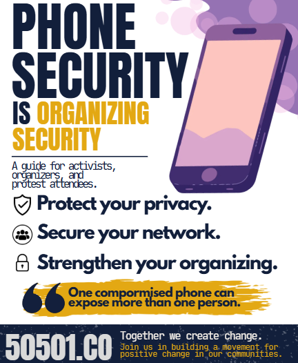50501.co phone security graphic showing a smartphone with privacy, messaging, cloud, and location icons, emphasizing that phone security is organizing security for activists and protest organizers.